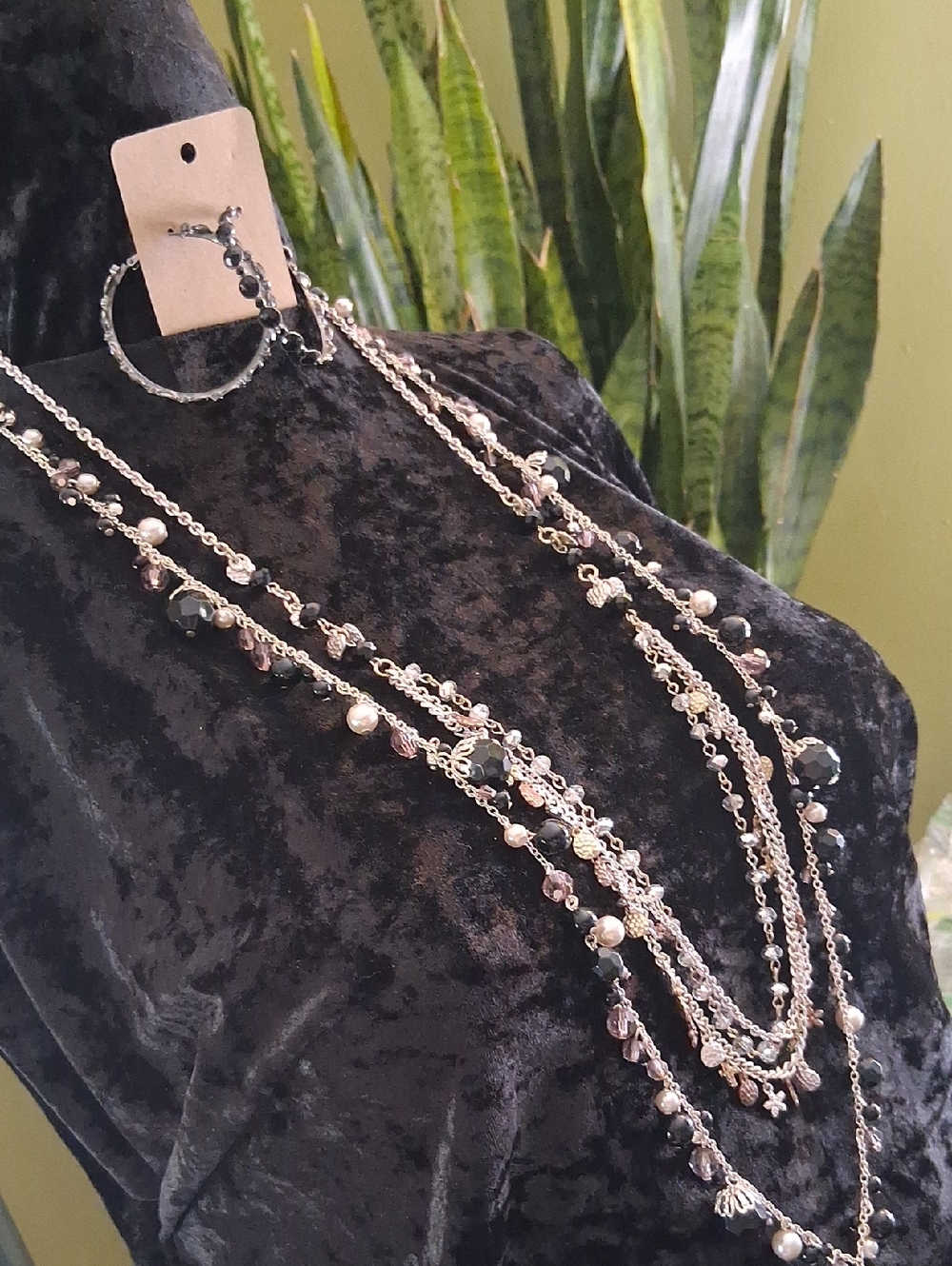 Multi-Strand Glass & Bead Layered Necklace in Silver and Black 32 & 28 In Long
